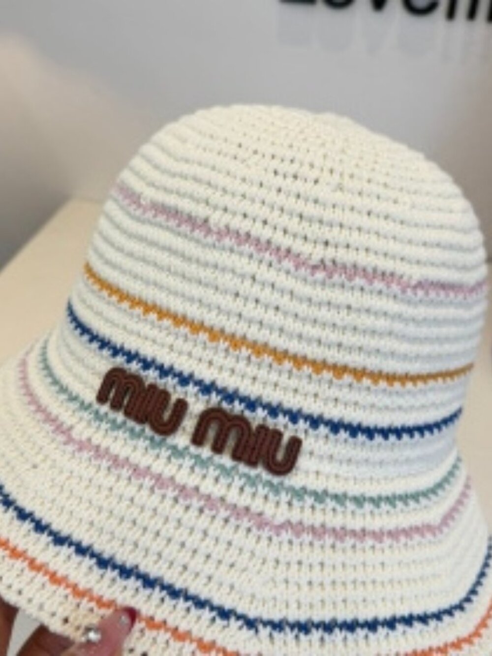 🌈Miu Miu🌈Crochet Bucket Hat Multicolor Stripes Logo Patch